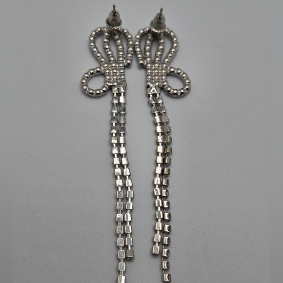 Silver 925 Rhinestone Butterfly Bow Tassel Drop Stud Earrings 3" Long - Picture 4 of 7